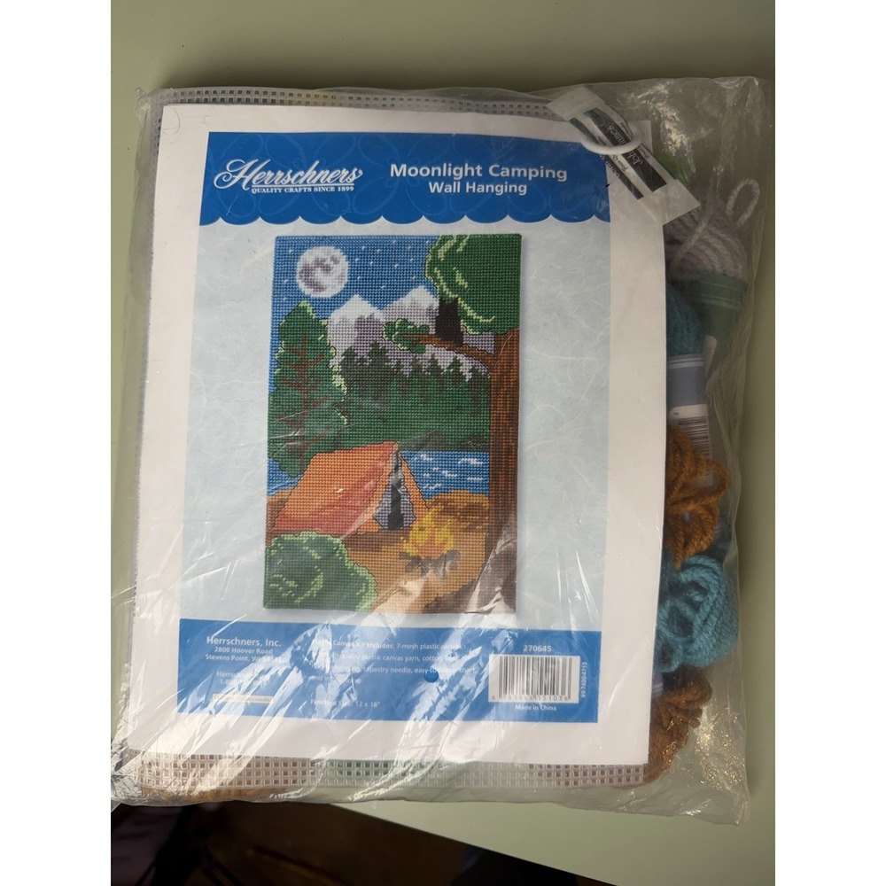 Herrschners Moonlight Camping Needlepoint Kit Rustic‎ Cabin Lodge Wall Hanging